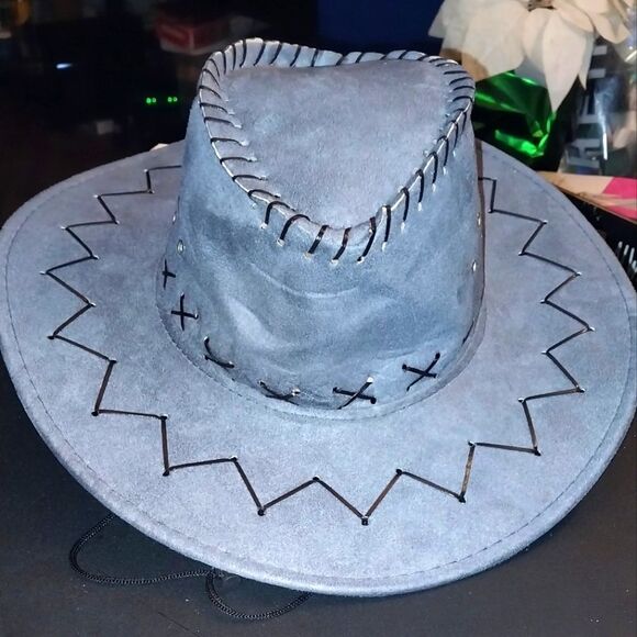 Western Style Faux Suede Cowboy Hat with Stitched Detail - Gray